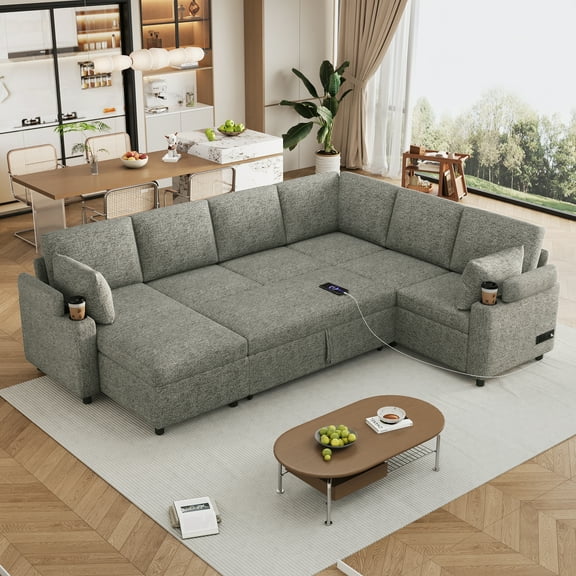 Euroco 109.9" Sectional Sofa Versatile Sofa Bed Sofa Sleeper U-shaped Sofa with Ample Storage Space, Two Cup Holders and Charging Ports for Living Room, Light Grey