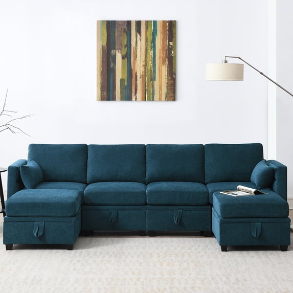 Euroco 109" Oversized Chenille Modular Sectional Sofa with Storage, 6 Seat U Shaped Couch with Adjustable Armrests and Backrests, Reversible Sofa Bed for Living Room, Apartment
