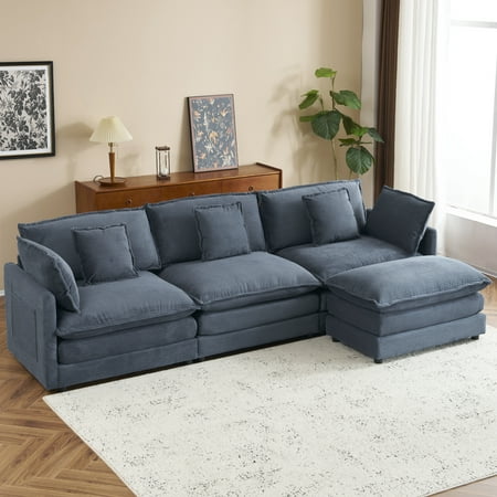 Euroco 112.6" Modern Sofa Modular Sofa Couch Upholstered Corduroy L-Shape Sectional Sofa with Side Storage Pockets for Living Room