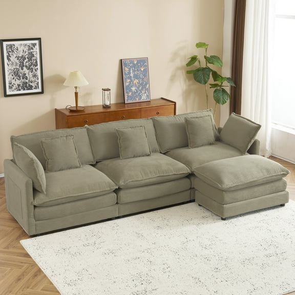 Euroco 112.6" Modern Sofa Modular Sofa Couch Upholstered Corduroy L-Shape Sectional Sofa with Side Storage Pockets for Living Room