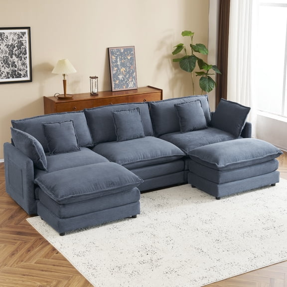 Euroco 112.6" Modern Sofa Modular Sofa Couch Upholstered Corduroy L-Shape Sectional Sofa with Side Storage Pockets for Living Room