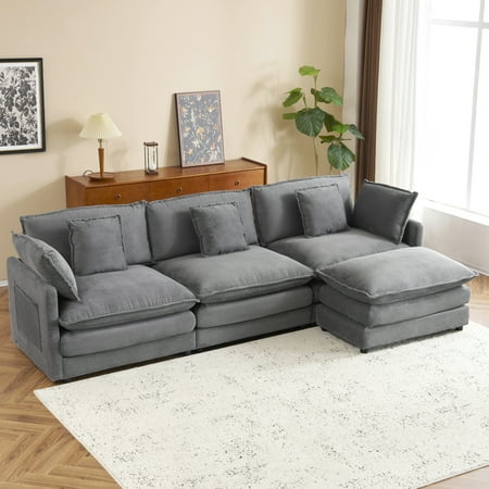 Euroco 112.6" Modern Sofa Modular Sofa Couch Upholstered Corduroy L-Shape Sectional Sofa with Side Storage Pockets for Living Room