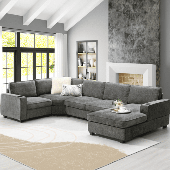 Euroco 119" U-Shaped Sectional Sofa, 6 Seat Chenille Corner Couch Set with Cup Holders, Oversized Chaise Lounge, Irregular Corner, Deep and Wide Seat, Comfy Sofa for Living Room&Apartment, 2 Colors