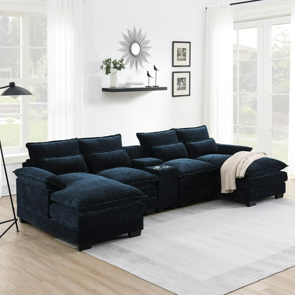 Euroco 123*55"Modern U-shaped Sectional Sofa with Console,Cup Holders and USB Charger,6 Seat Upholstered Symmetrical Indoor Furniture,Comfy Chenille Cloud Couch with Chaise