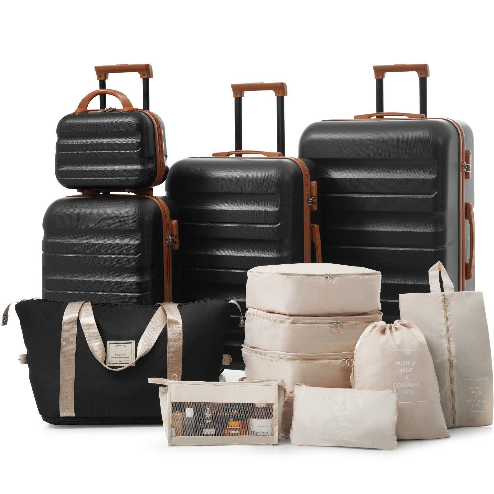 Euroco 13 Piece Luggage Sets ,Lightweight & Durable Suitcases with Spinner Wheels,ABS Hardshell Carry-On & Check-In Sizes for Family Travel,Black