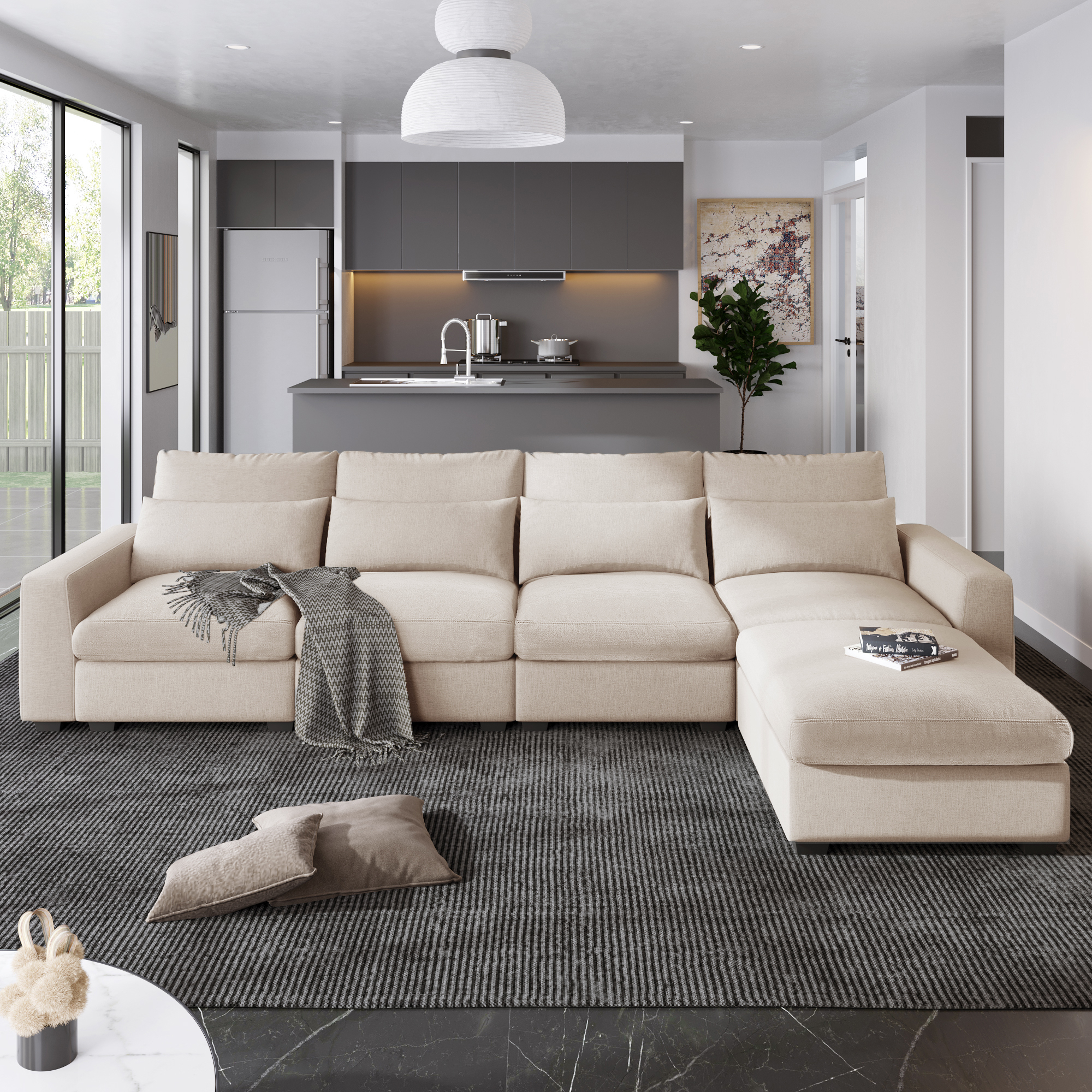 Euroco 130 Comfortable Sectional Couch Modern Linen Feather Filled Euroco 130 Comfortable Sectional Couch Modern Linen Feather Filled