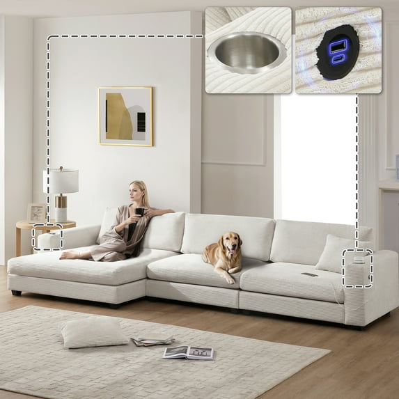 Euroco 134*54" Oversized Corduroy Sectional Sofa,L Shaped Cloud Couch with USB Charging Port,Cup Holder,Deep and Wide Seat Sofa with 50" Chaise,Comfy Indoor Furniture for Living Room
