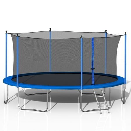 Euroco 14 FT Round Trampoline with Safety Enclosure and Ladder, 1000LBS Trampoline for Adults and 6-7 Kids, High Duty and Safety Outdoor Trampoline, Blue