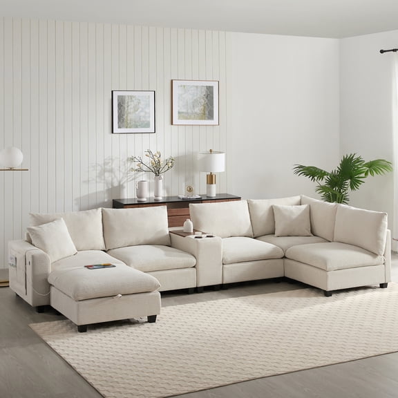 Euroco 140'' Oversized Modular Sectional Sofa with Movable Storage Ottoman and Console,Removable Storage Pockets,Cup Holder,Wide Seat,USB Charger,6 Seat U Shaped Corduroy Couch for Living Room