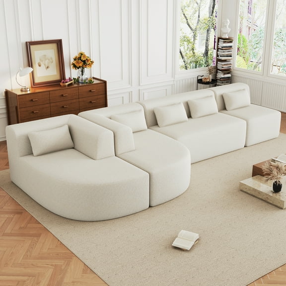 Euroco 144" Upholstered Sofa Free-combined Sofa Couch with Two Chaise Lounge and Five Back Pillows for Living Room, Beige