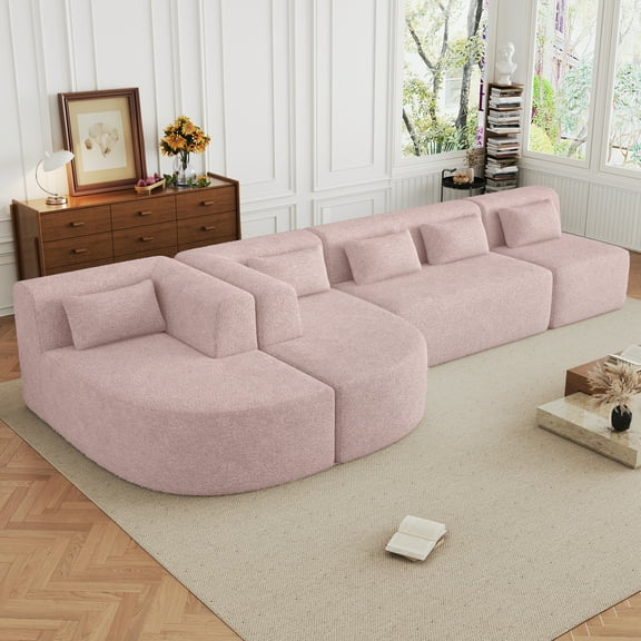 Euroco 144" Upholstered Sofa Free-combined Sofa Couch with Two Chaise Lounge and Five Back Pillows for Living Room, Pink