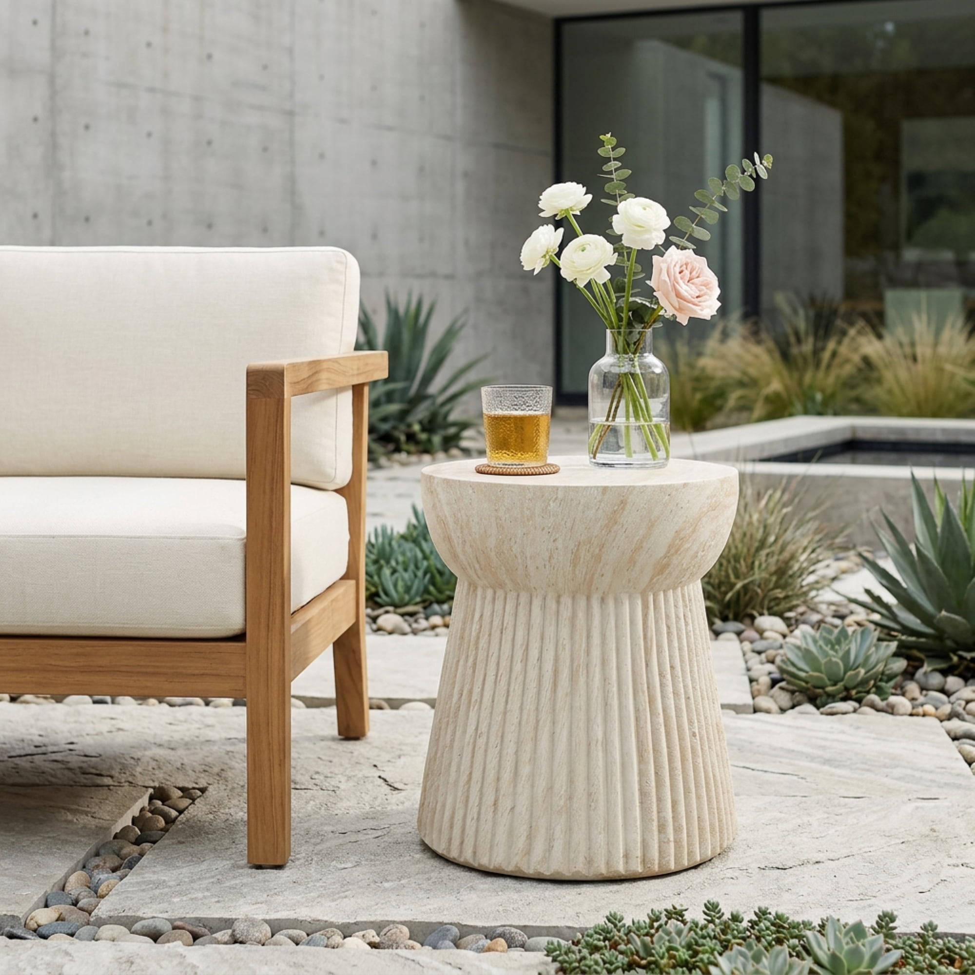 Euroco 16.75"H Outdoor Travertine Concrete Side Table,Round End Table for Patio,Garden, Living Room,Beige