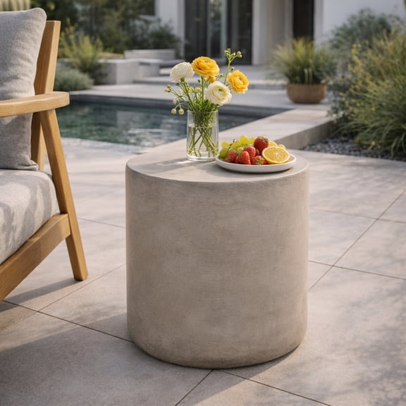 Euroco 16"H Outdoor Concrete Side Table,Round Small End Table,Lightweight Accent Table for Patio,Light Gray
