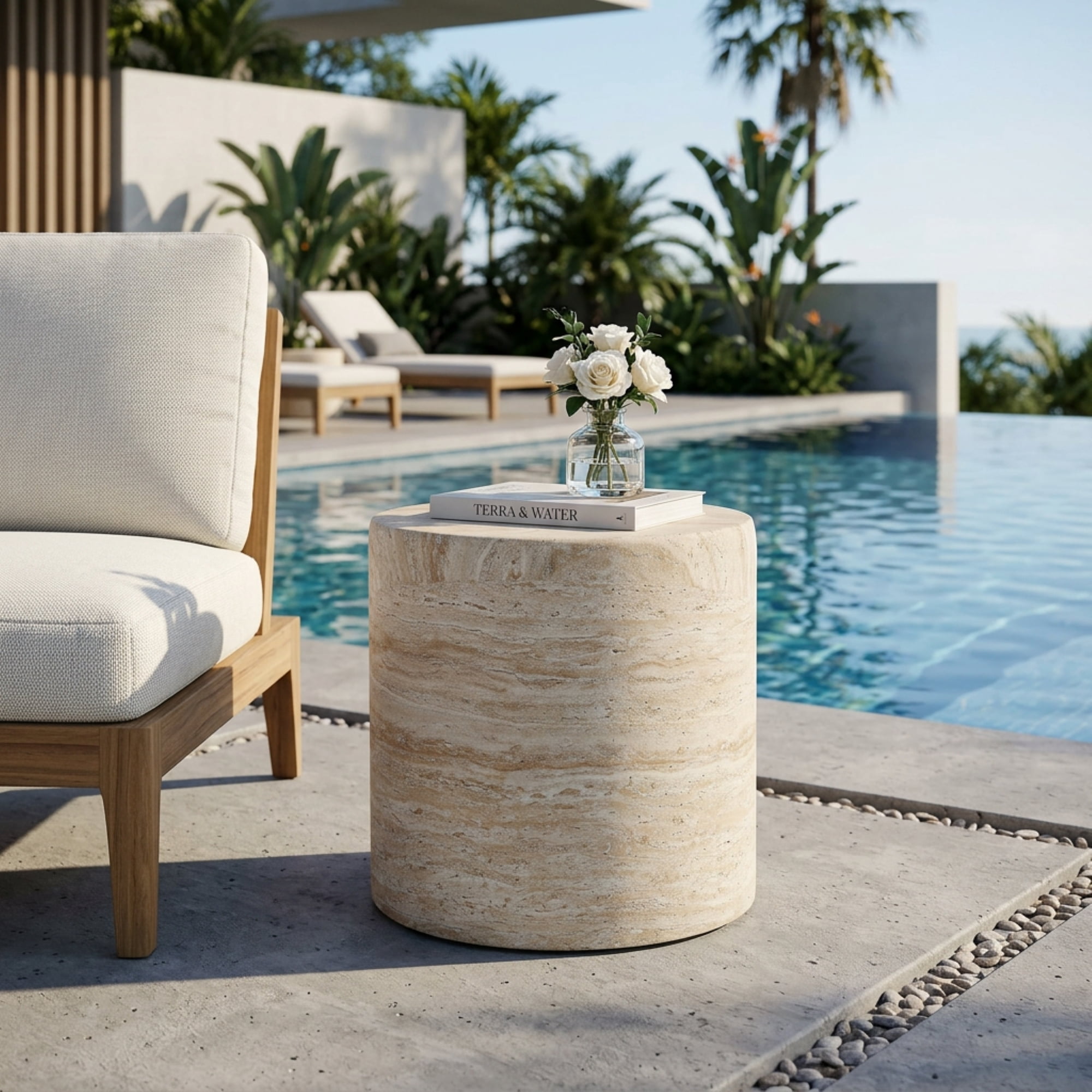 Euroco 16"H Outdoor Lightweight Concrete Side Table,Round Small End Table for Patio,Garden,Beige