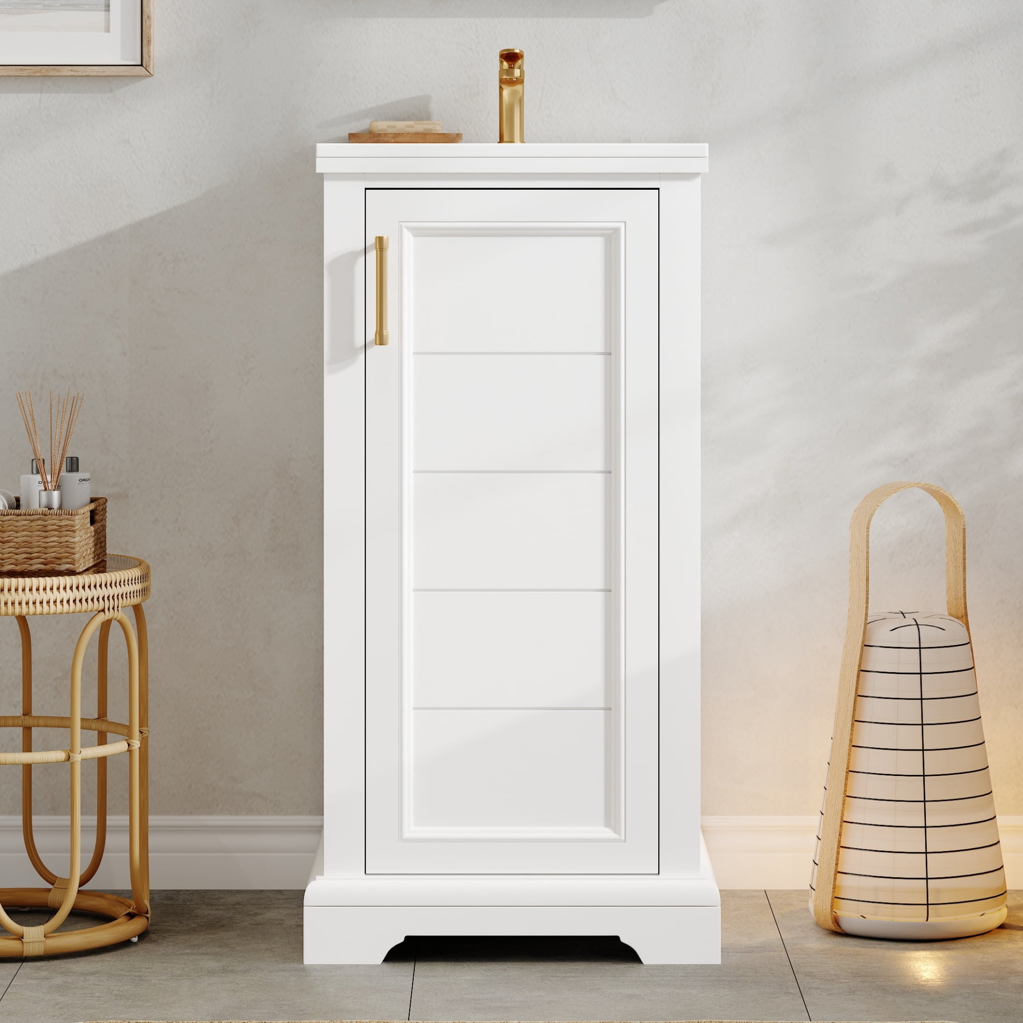 Euroco 16-inch Bathroom Vanity with Ceramic Sink, Freestanding Single Vanity Set with Soft Closing Door, Adjustable Shelf, French Style, White.
