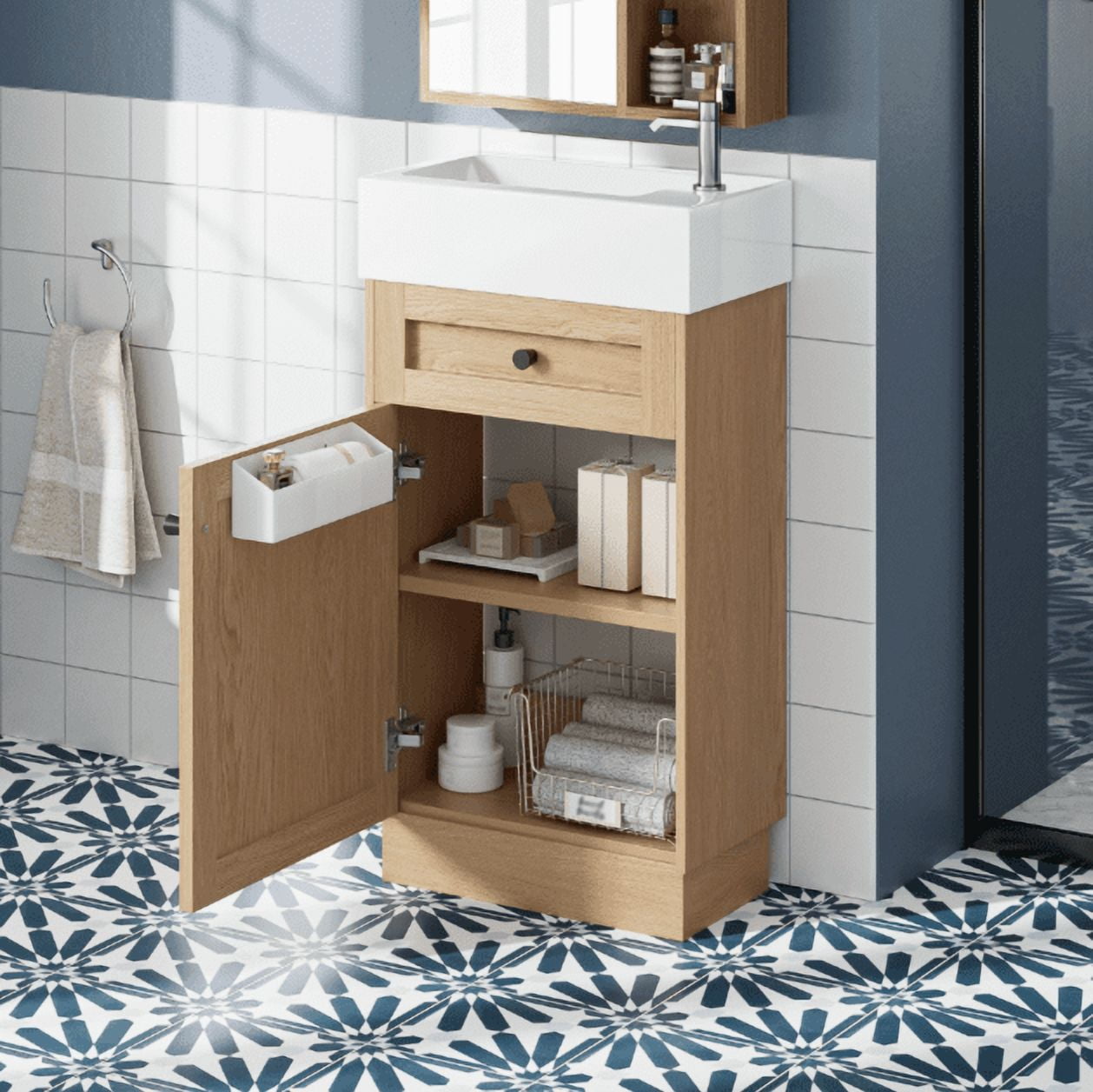Euroco 18.5" Bathroom Vanity with Reversible Resin Sink, MDF Cabinet with Adjustable Shelf and Elegant Zinc Alloy Handles, Wood Grain Melamine Finish, Reversible Door, Rustic Style for Small Spaces