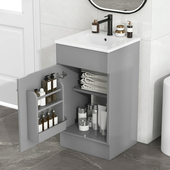 Euroco 18" Bathroom Vanity with Sink, Vanity Cabinet with Door Shelf and Adjustable Shelf, Grey