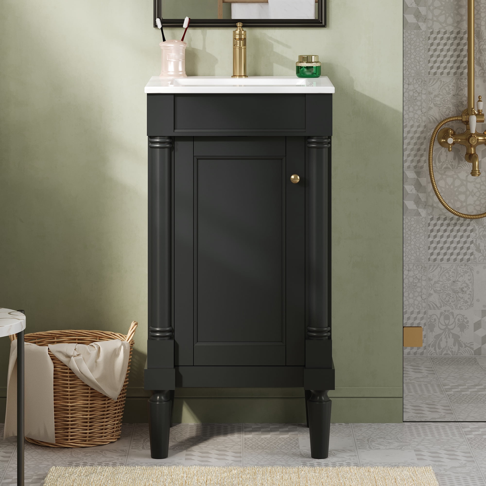 Euroco 18" French Style Bathroom Cabinet with Storage, Small Space Solution with Ceramic Sink, Adjustable Shelf, Soft-Closing Hinges
