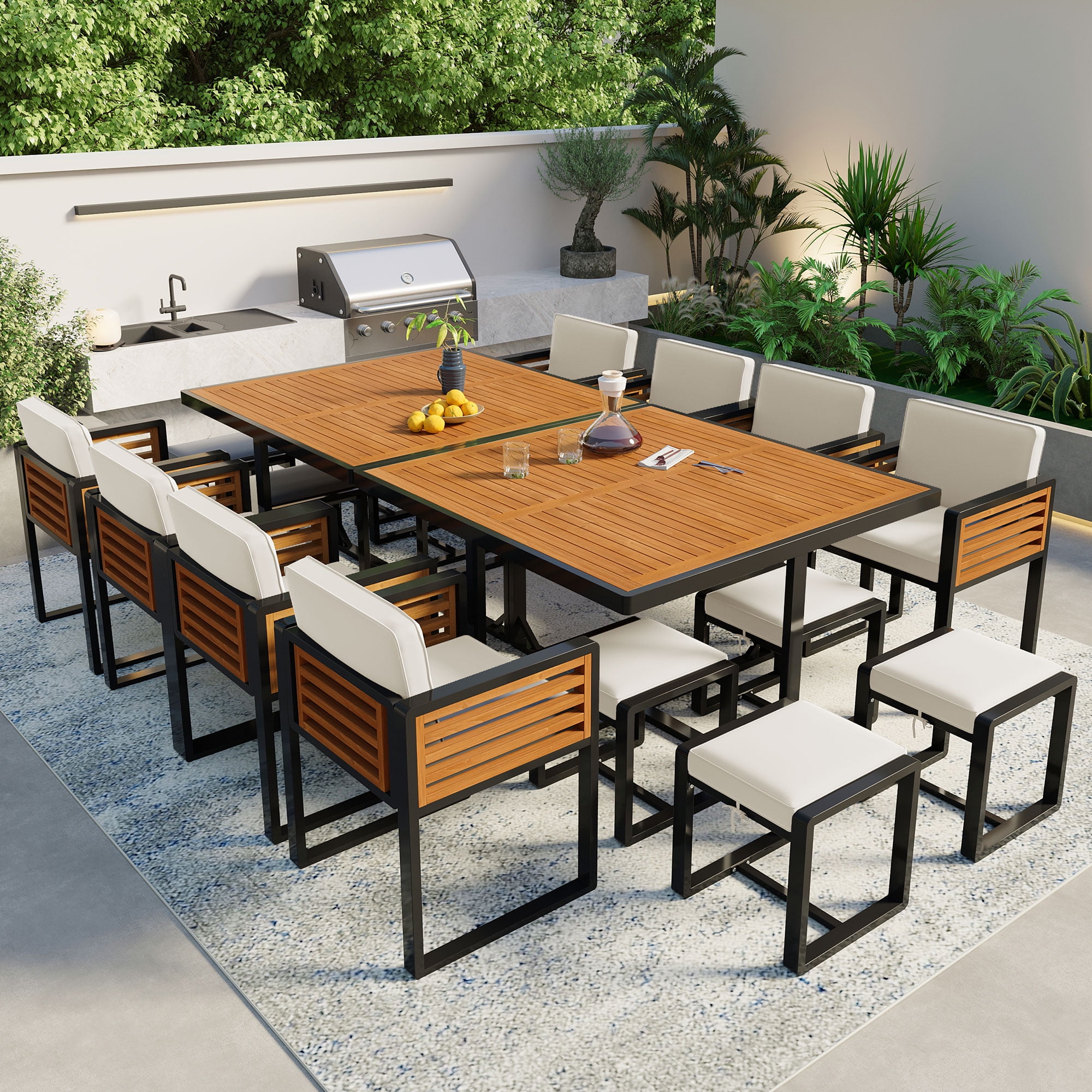 Euroco 18-Pieces Acacia Wood Patio Dining Set, Space Saving Outdoor Patio Set, 8 Cushioned Chairs & 8 Ottomans & 2 Square Table, for Backyard, Garden, Deck and Poolside