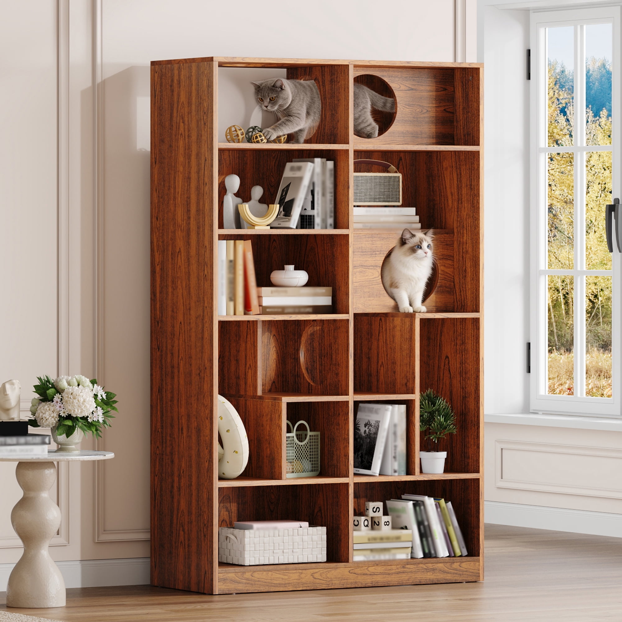 Euroco 2 in 1 Wood Bookshelf Cat House, Modern Cat Tree Display Case with Storage,Built-in Cat Houses and Pass-Through Cat Holes,Cat Litter Box Enclosure Climbing Shelf,Brown