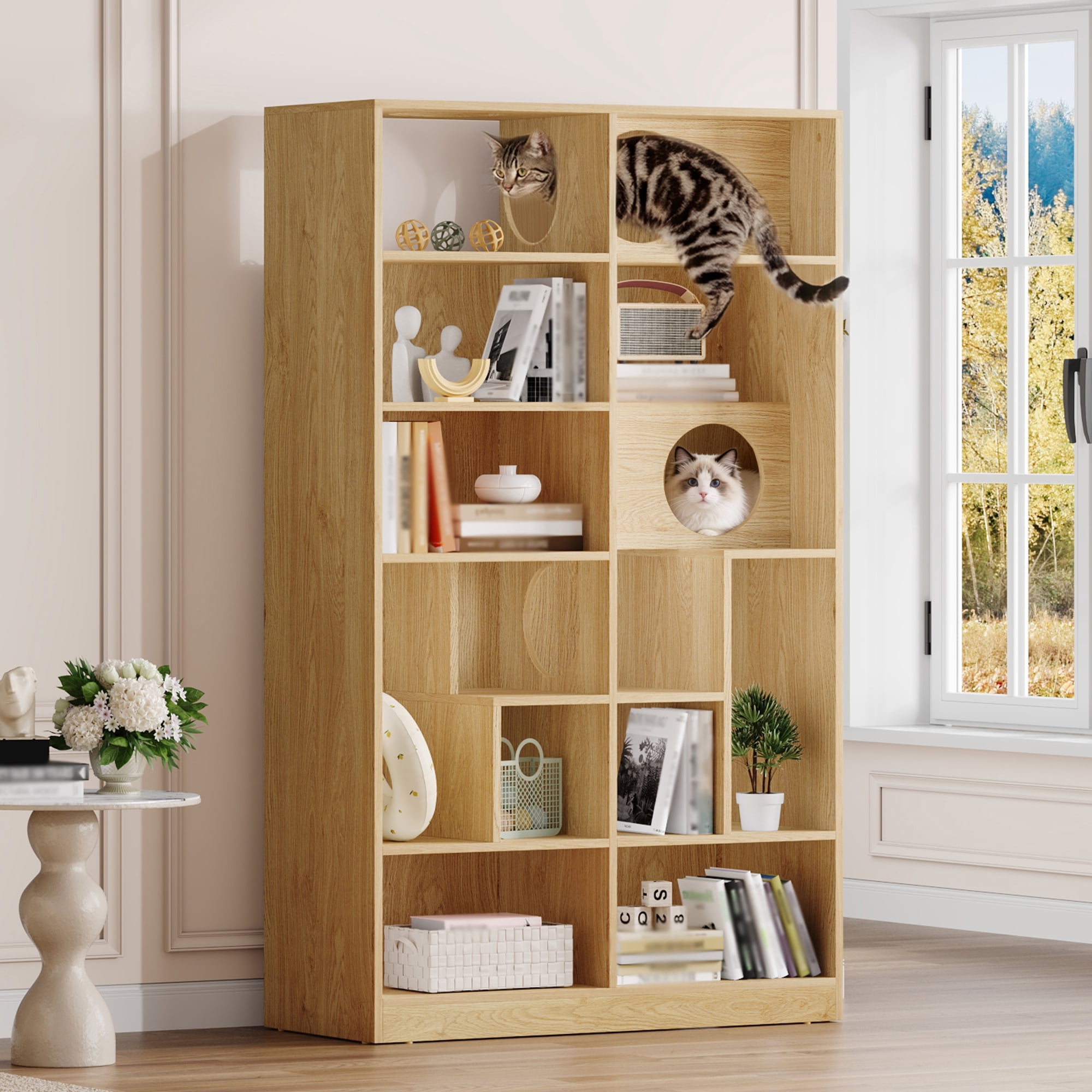 Euroco 2 in 1 Wood Bookshelf Cat House, Modern Cat Tree Display Case with Storage,Built-in Cat Houses and Pass-Through Cat Holes,Cat Litter Box Enclosure Climbing Shelf,Natural