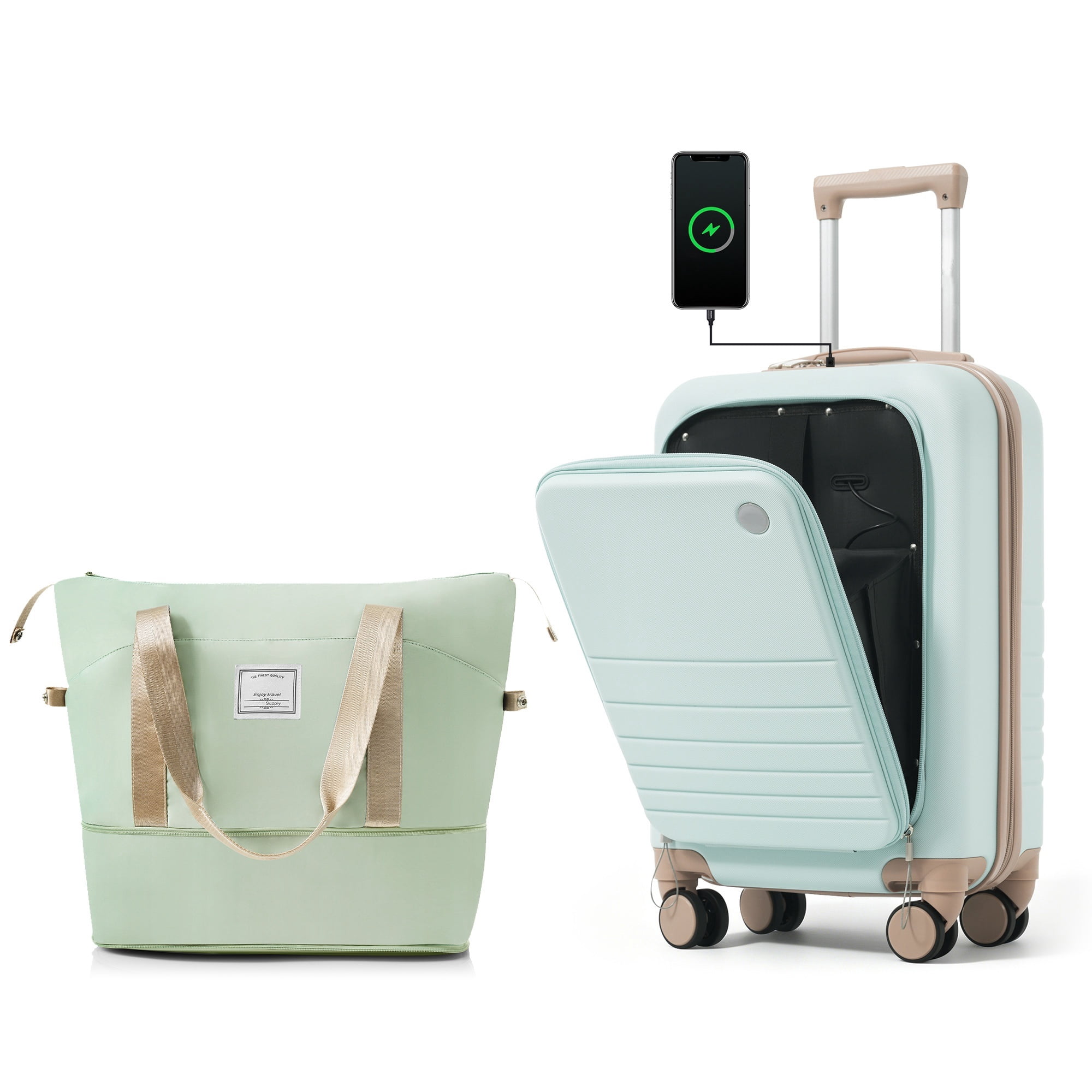Euroco 2 Piece Luggage Sets Front-Opening, 20" Carry On Luggage with Cup Holder, USB Charging Ports,TSA Lock & Spinner Wheels,ABS Hardshell Lightweight Suitcase Set for Travel,Green