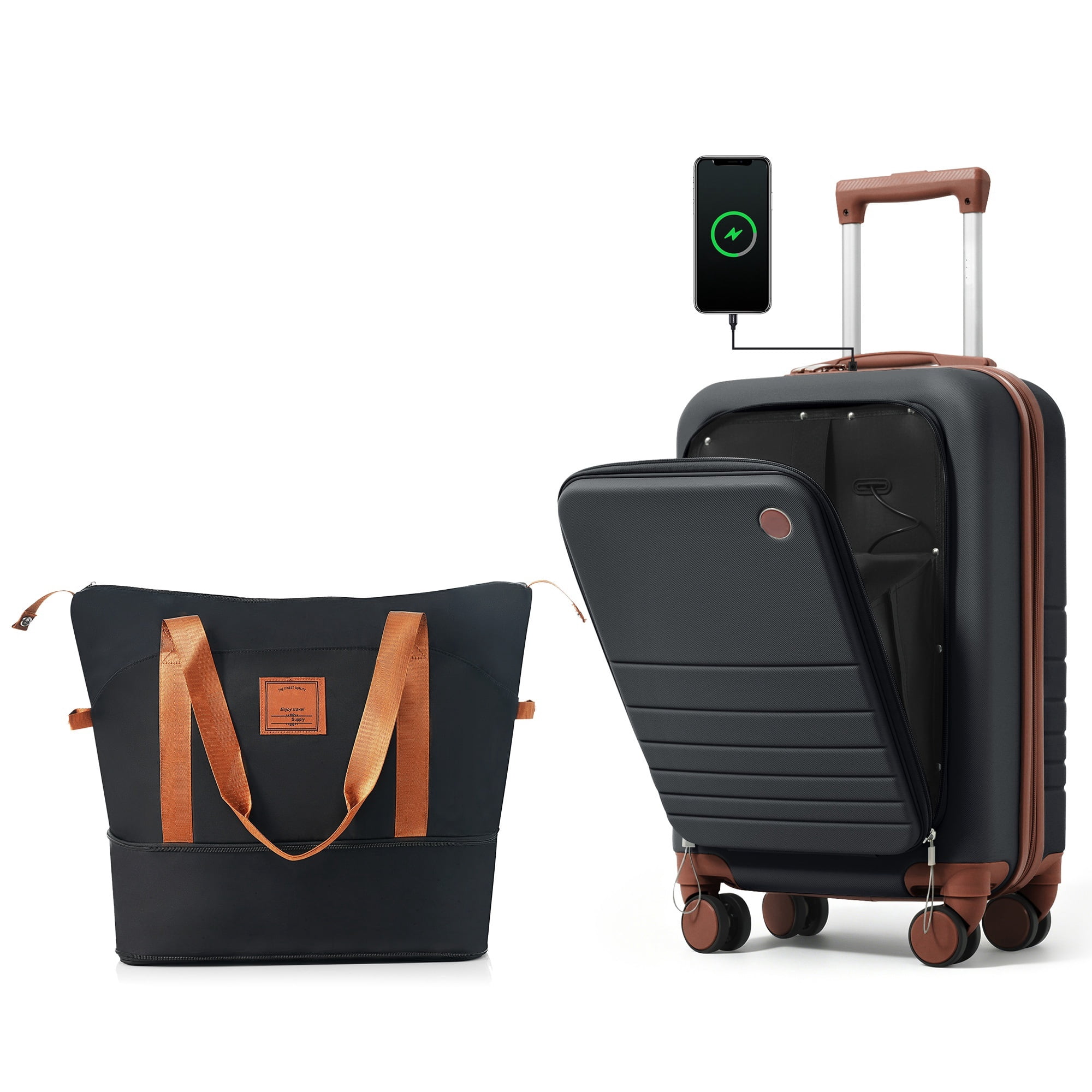 Euroco 2 Piece Luggage Sets Front-Opening, 20" Carry On Luggage with Cup Holder, USB Charging Ports,TSA Lock & Spinner Wheels,ABS Hardshell Lightweight Suitcase Set for Travel,Black+Brown