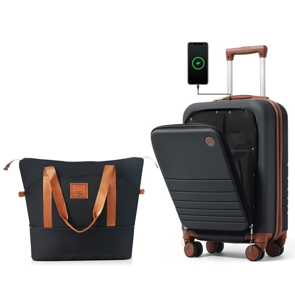 Euroco 2 Piece Luggage Sets Front-Opening, 20" Carry On Luggage with Cup Holder, USB Charging Ports,TSA Lock & Spinner Wheels,ABS Hardshell Lightweight Suitcase Set for Travel,Black+Brown