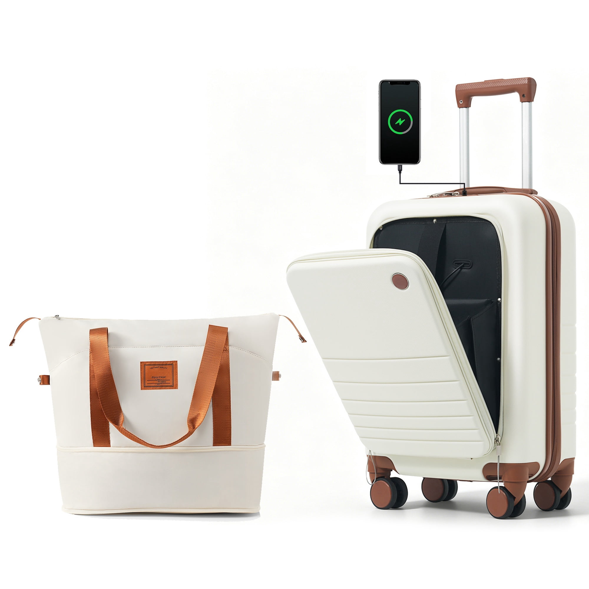 Euroco 2 Piece Luggage Sets Front-Opening, 20" Carry On Luggage with Cup Holder, USB Charging Ports,TSA Lock & Spinner Wheels,ABS Hardshell Lightweight Suitcase Set for Travel,Ivory