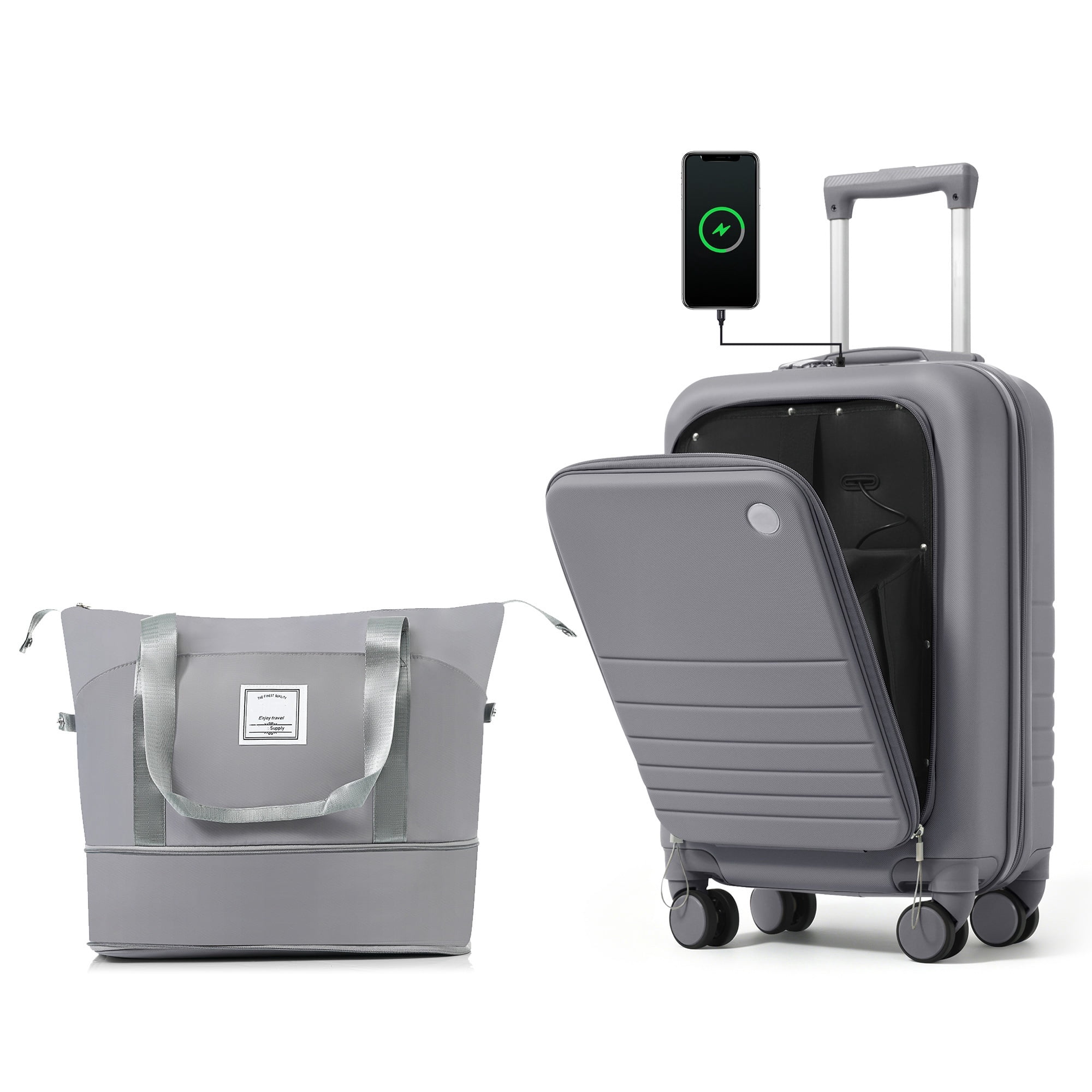 Euroco 2 Piece Luggage Sets Front-Opening, 20" Carry On Luggage with Cup Holder, USB Charging Ports,TSA Lock & Spinner Wheels,ABS Hardshell Lightweight Suitcase Set for Travel,Grey