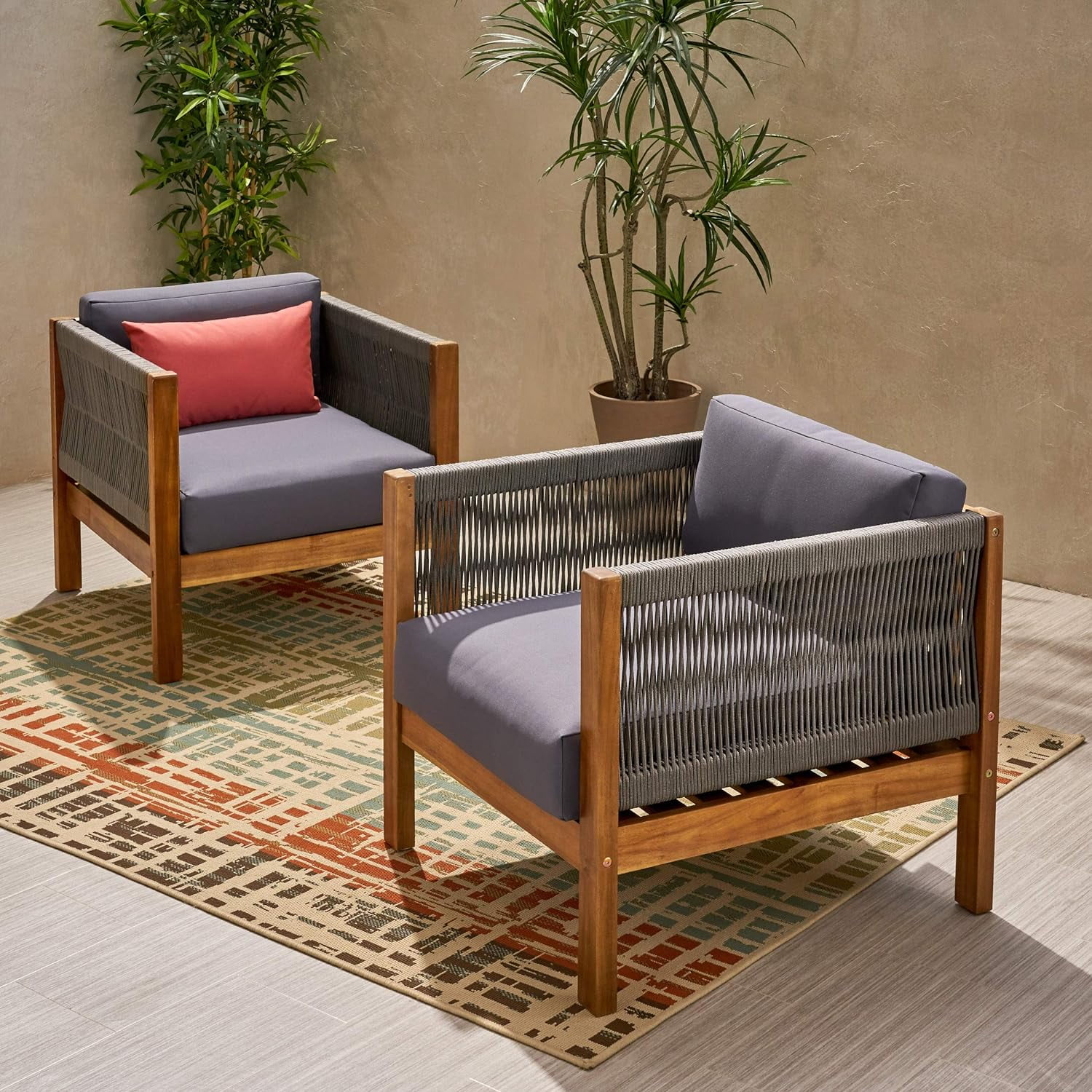 Euroco 2-Piece Modern Outdoor Club Chair Set with Acacia Wood Frame and Rattan Rope Weave