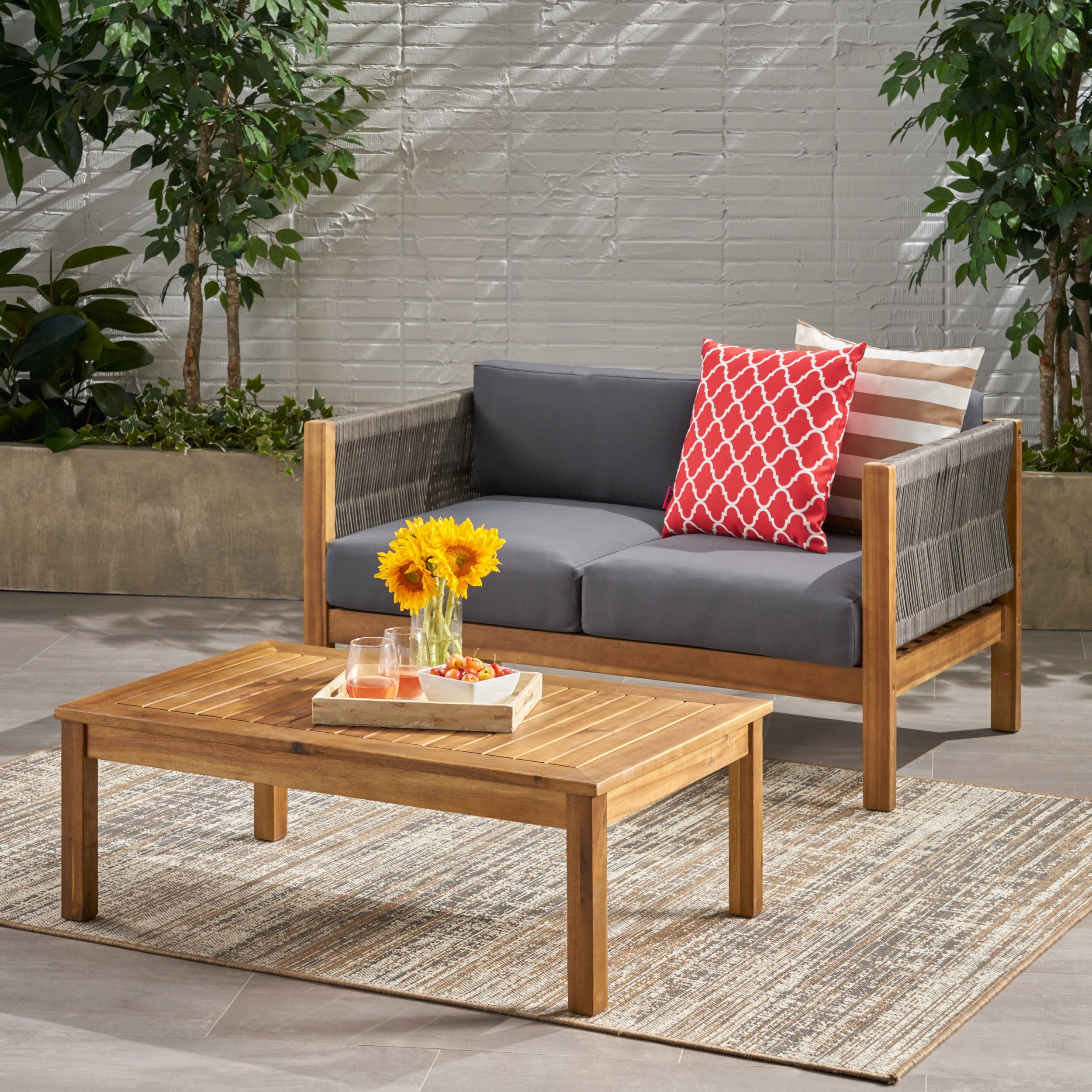 Euroco 2-Piece Modern Outdoor Loveseat and Coffee Table Set with Acacia Wood Frame and Rattan Rope Weave