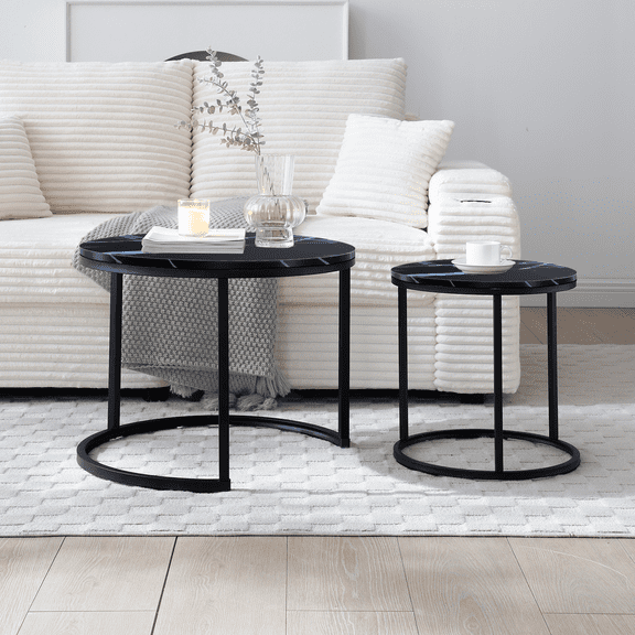 Euroco 2-Piece Nesting Round Coffee Table Set,Modern Coffee Tables with Metal Frame for Living Room, Space-Saving Design, Easy Assembly