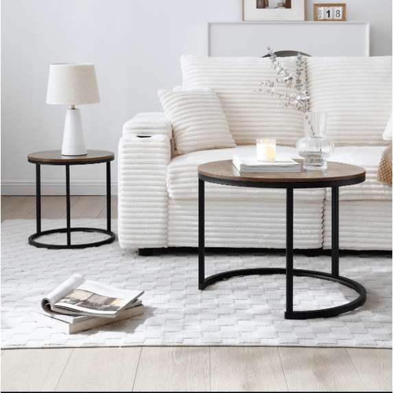 Euroco 2-Piece Nesting Round Coffee Table Set,Modern Coffee Tables with Metal Frame for Living Room, Space-Saving Design, Easy Assembly