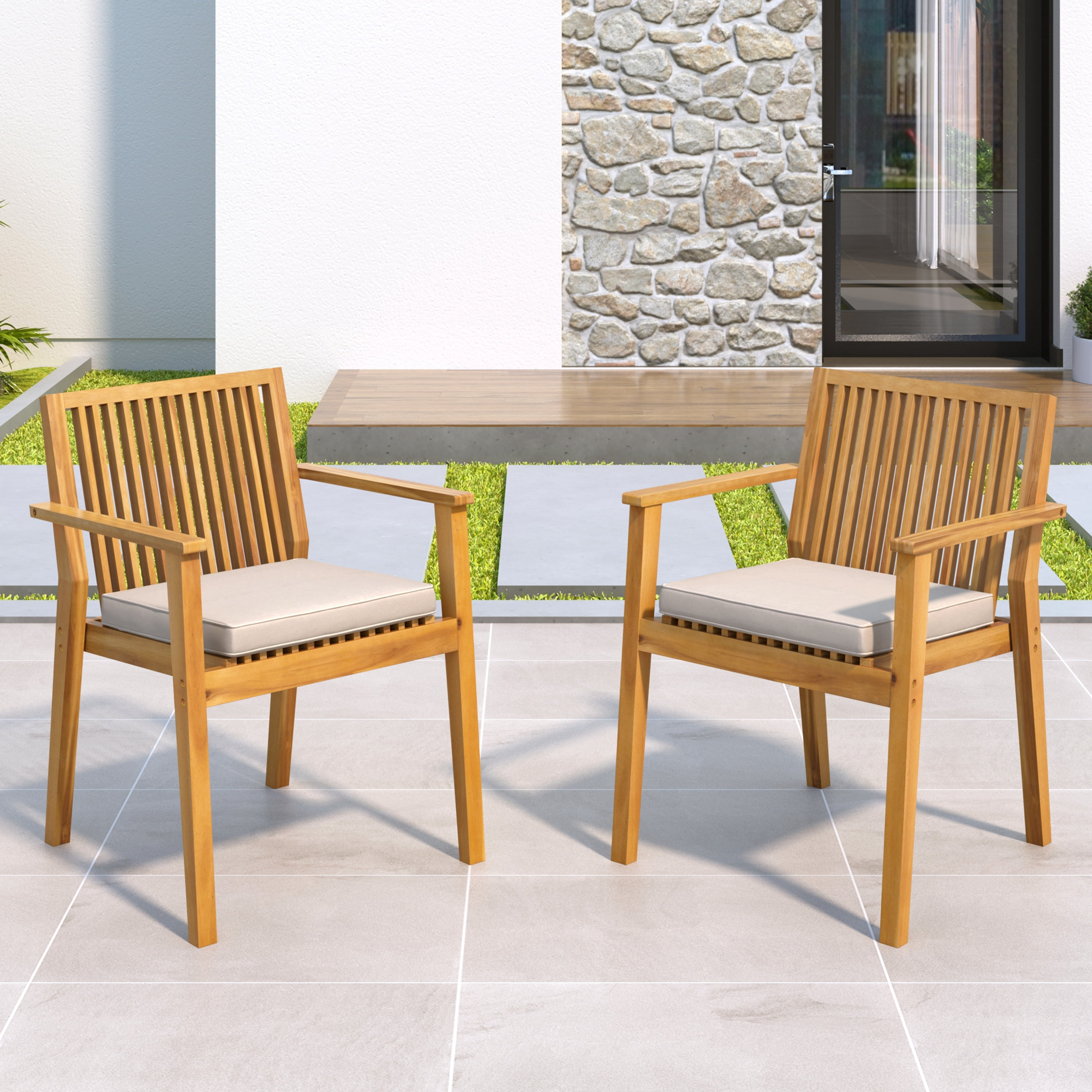 Euroco 2-Piece Outdoor Dining Chair Set with Waterproof Cushions, Acacia Wood Armchairs for Patio, Garden, or Balcony