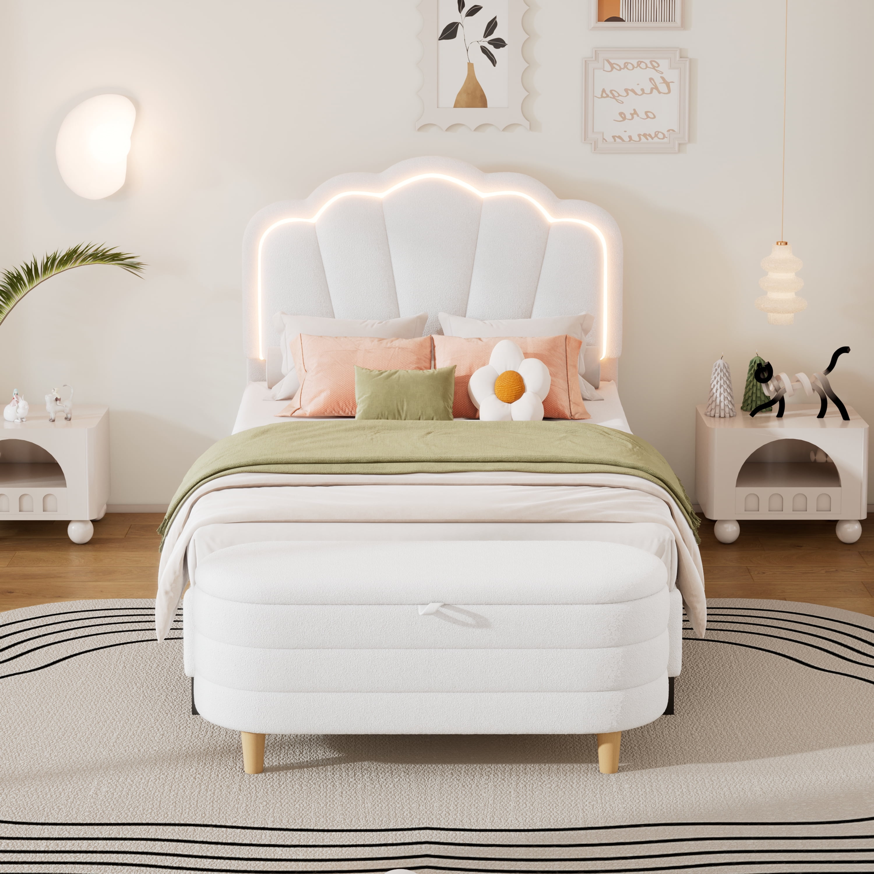 Euroco 2 Pieces Bedroom Set, Upholstery Twin Size LED Platform Bed with Storage Ottoman for Bedroom, Beige