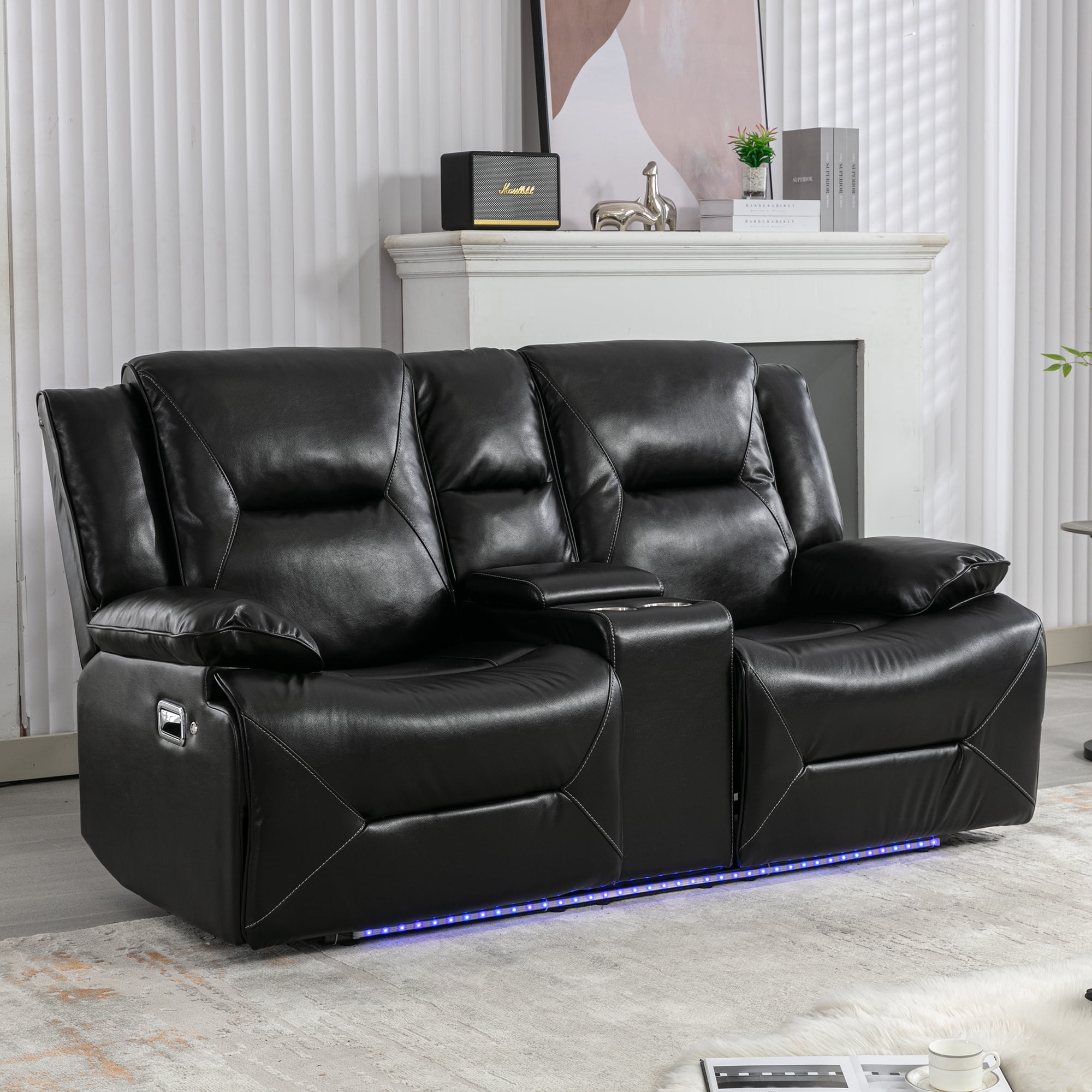 Euroco 2 Seater Home Theater Recliner Manual Recliner Chair with a LED Light Strip Two Cup Holders and a Storage Box for Living Room,Bedroom, Black