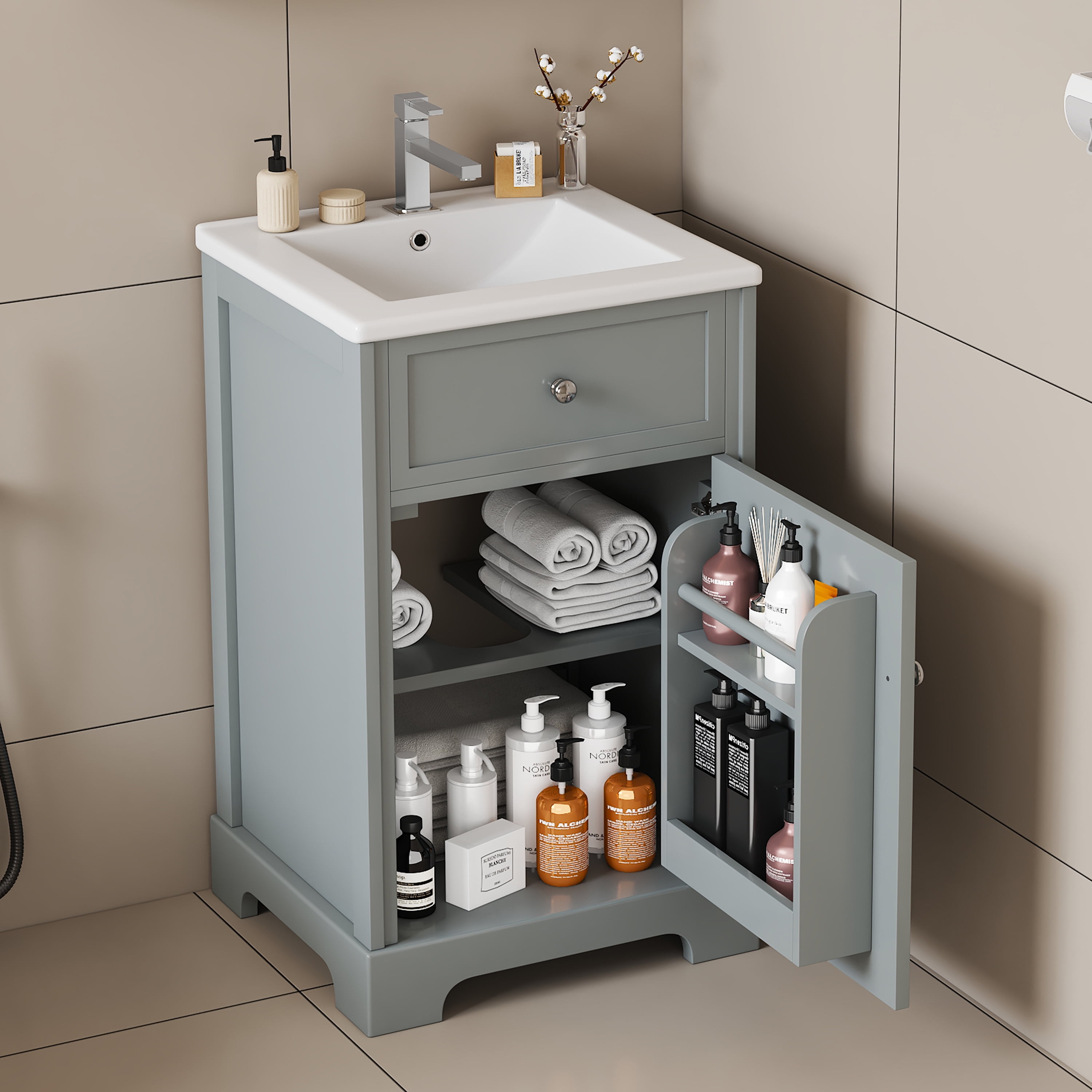 Euroco 20'' Bathroom Vanity with Ceramic Sink, Real Wood and MDF Cabinet with Storage Rack, Soft Close Door, Painted Finish, Modern Freestanding Vanity for Small Bathroom