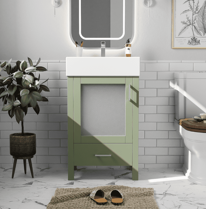 Euroco 20" Bathroom Vanity with Ceramic Sink, Frosted Glass Doors, Soft-Close Door, Solid Wood Legs – Modern Space-Saving Design