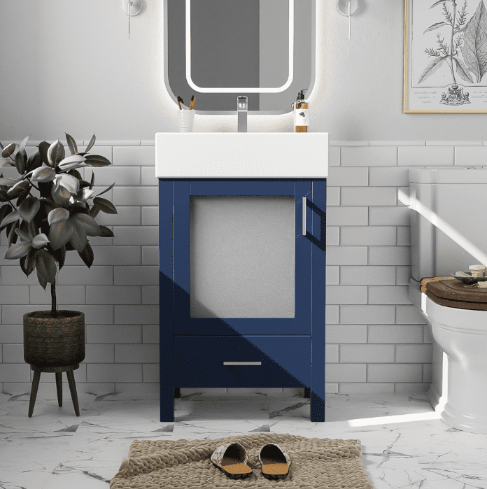 Euroco 20" Bathroom Vanity with Ceramic Sink, Frosted Glass Doors, Soft-Close Door, Solid Wood Legs – Modern Space-Saving Design