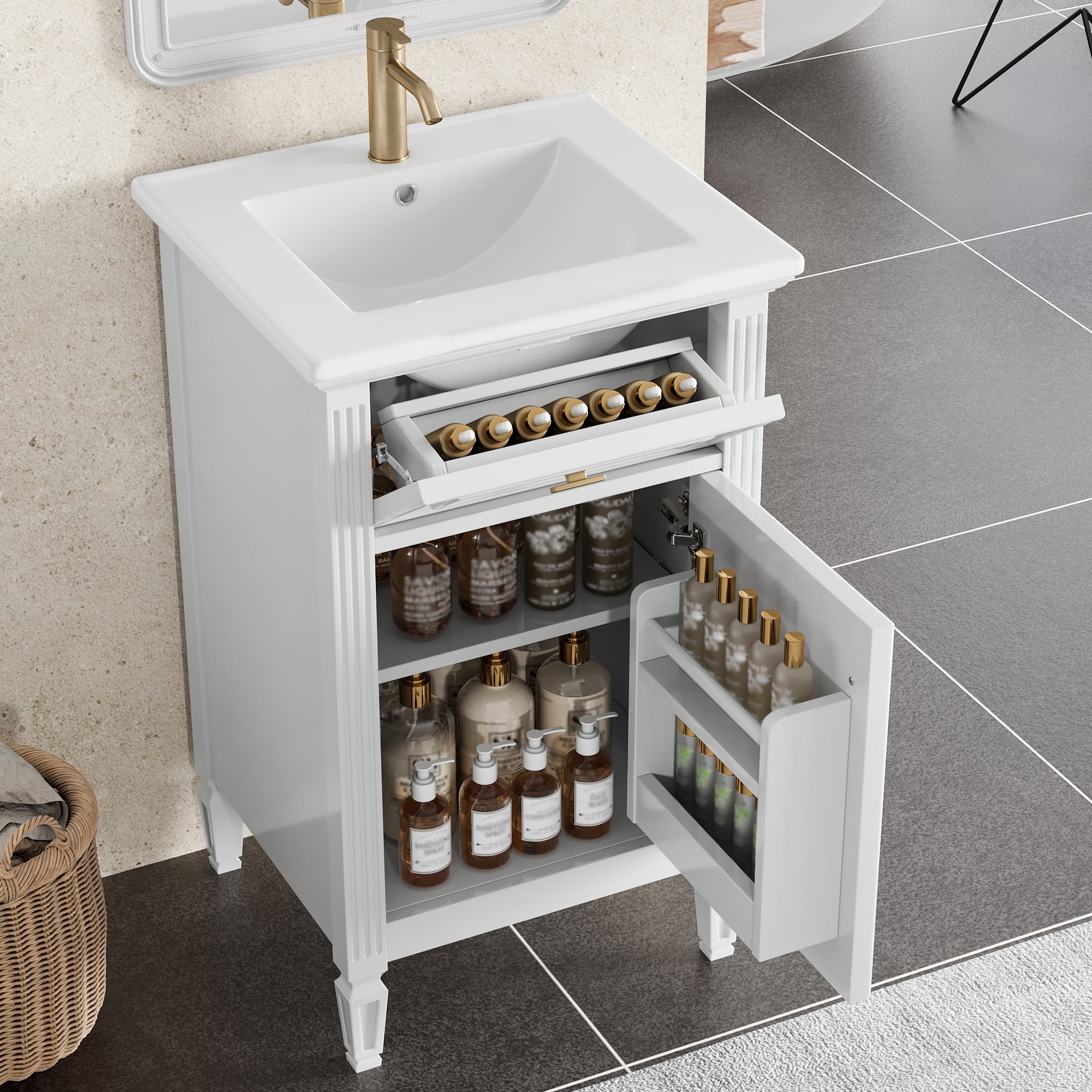 Euroco 20" Bathroom Vanity with Integrated Ceramic Sink, Soft-Close Hinges and Drawer Storage, Solid Wood Legs