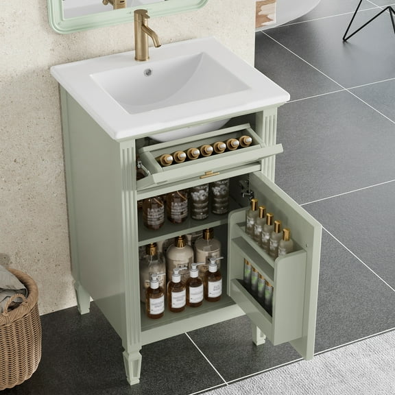 Euroco 20" Bathroom Vanity with Integrated Ceramic Sink, Soft-Close Hinges and Drawer Storage, Solid Wood Legs