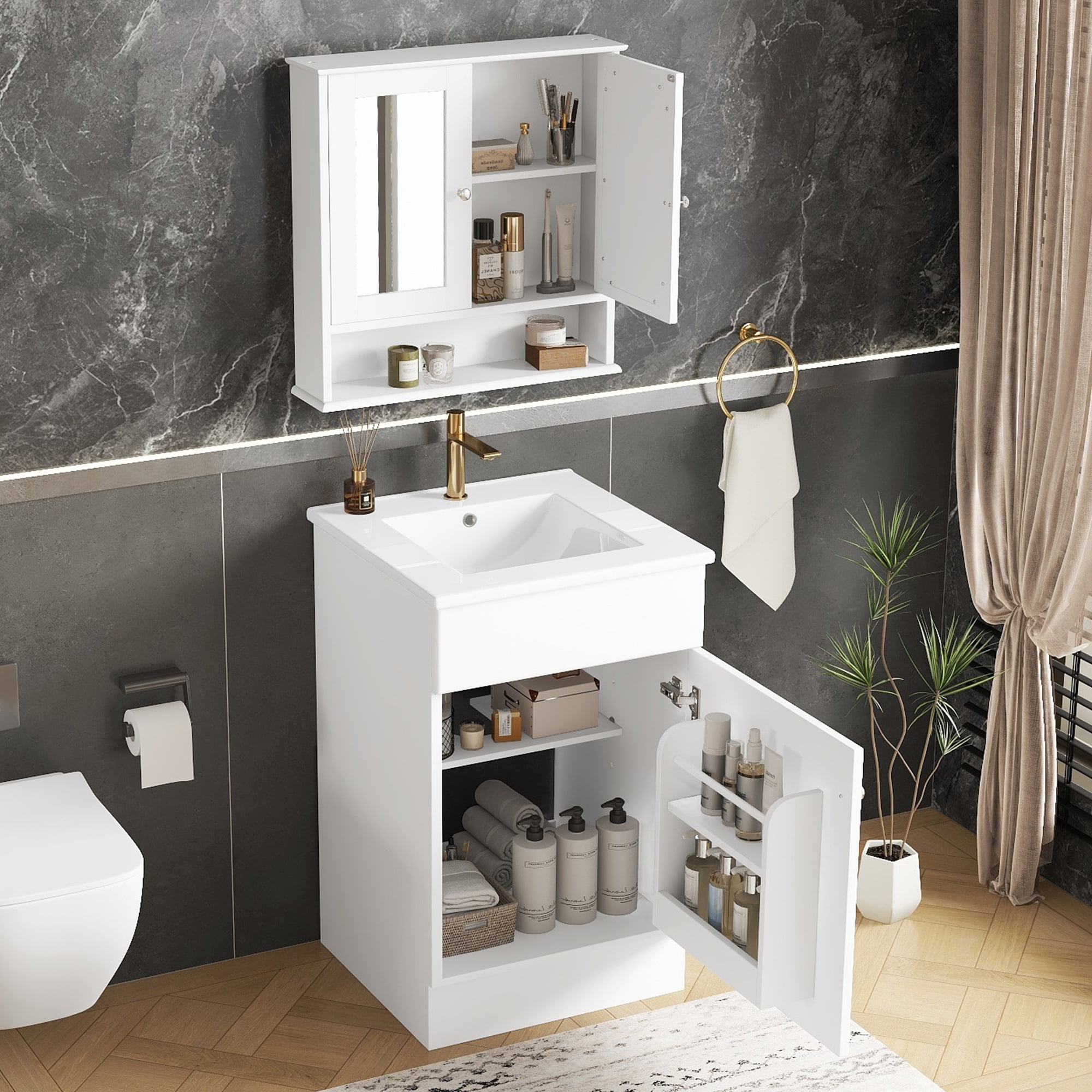 Euroco 20" Bathroom Vanity with Matching Mirror Medicine Cabinet – Space-Saving Storage Cabinet & Ceramic Sink Combo