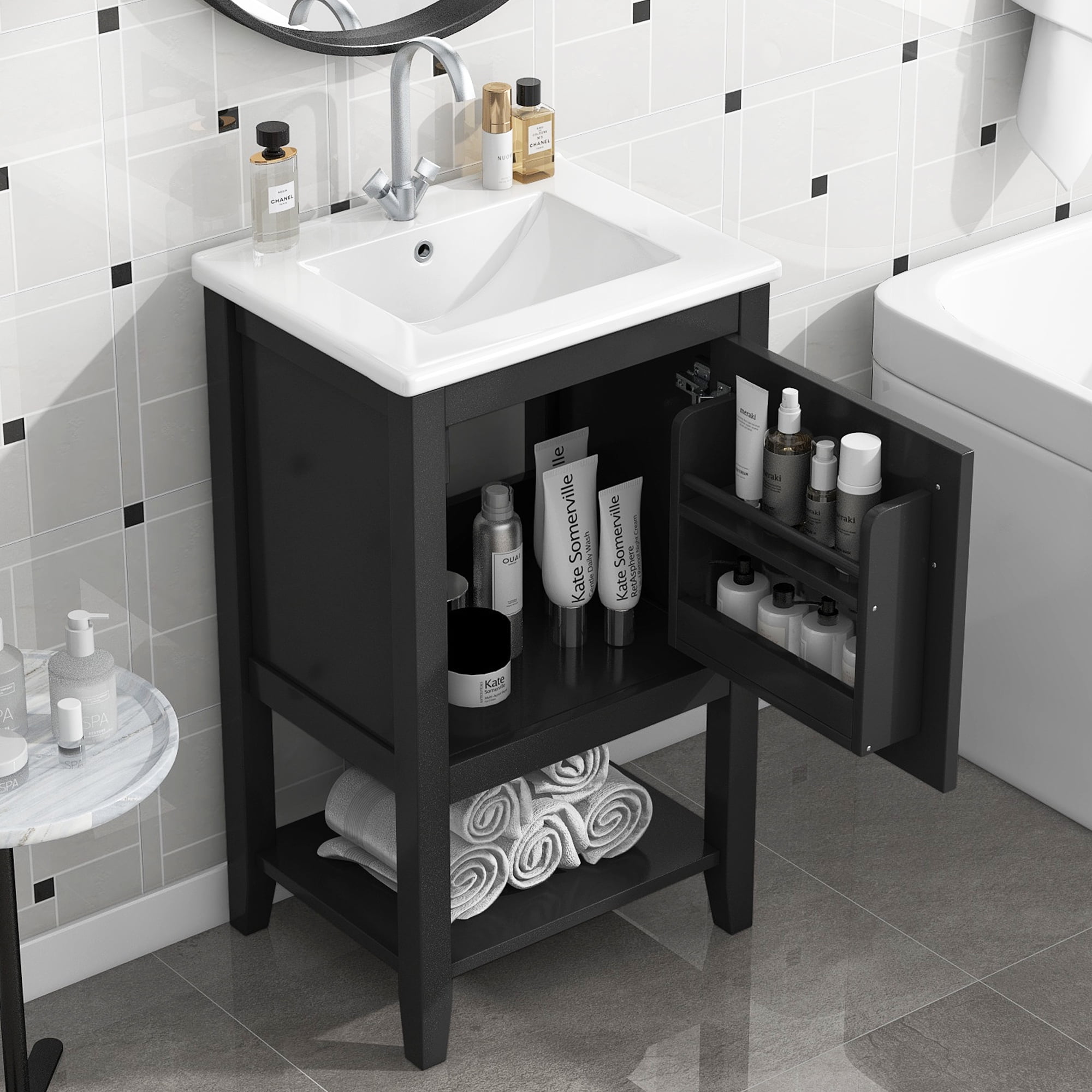 Euroco 20" Bathroom Vanity with Sink, Bathroom Cabinet with Soft Closing Door, Storage Rack and Open Shelf, Black