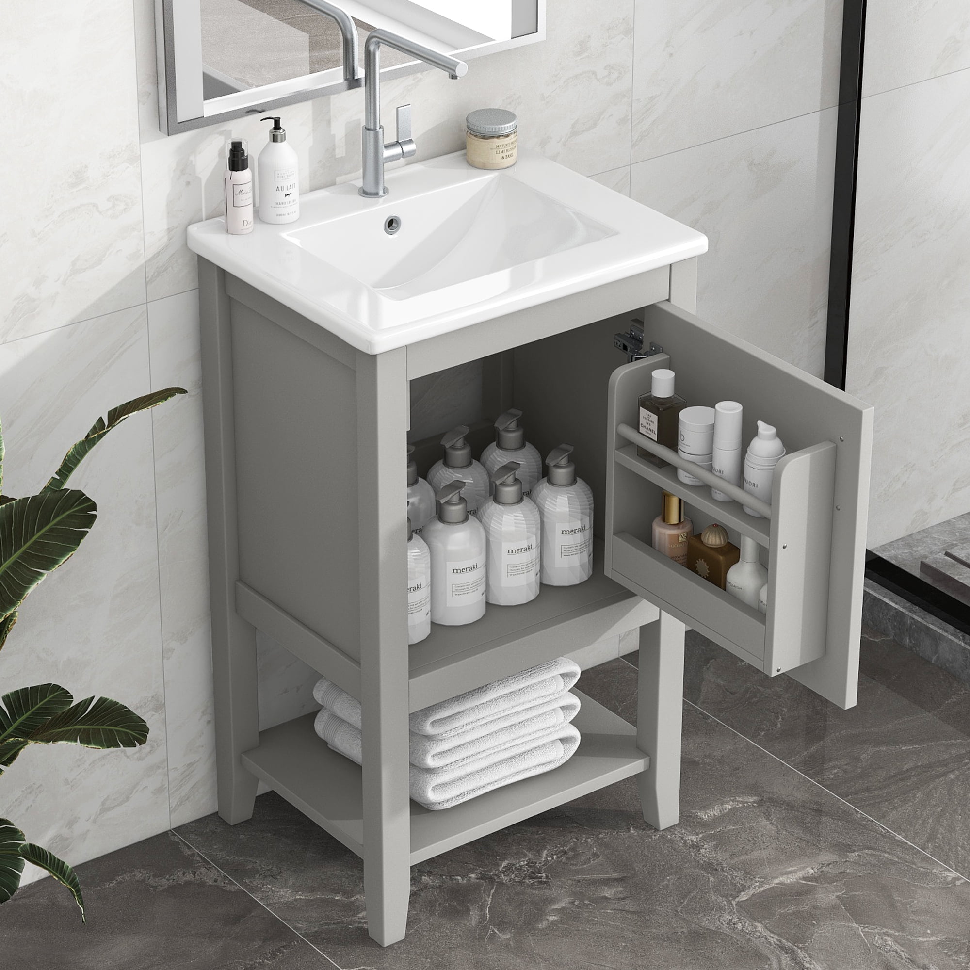 Euroco 20" Bathroom Vanity with Sink, Bathroom Cabinet with Soft Closing Door, Storage Rack and Open Shelf, Grey