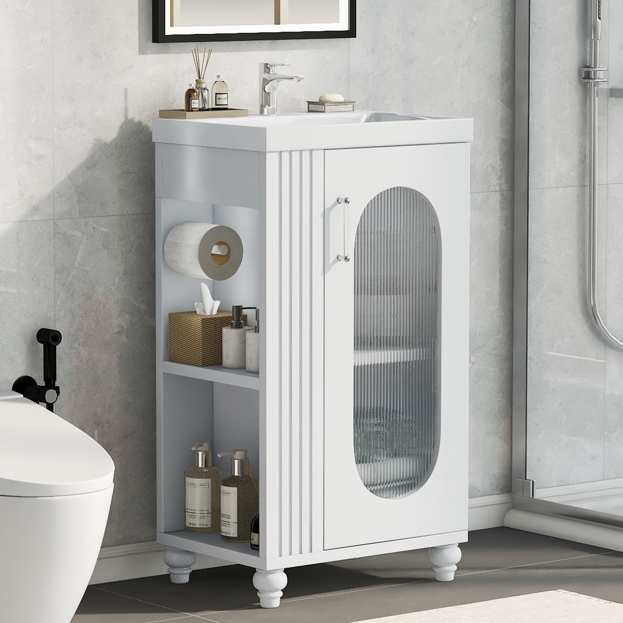 Euroco 20" Bathroom Vanity with Sink, Bathroom Vanity Cabinet with Two-tier Shelf, Adjustable Shelf, Solid Wood and MDF, White