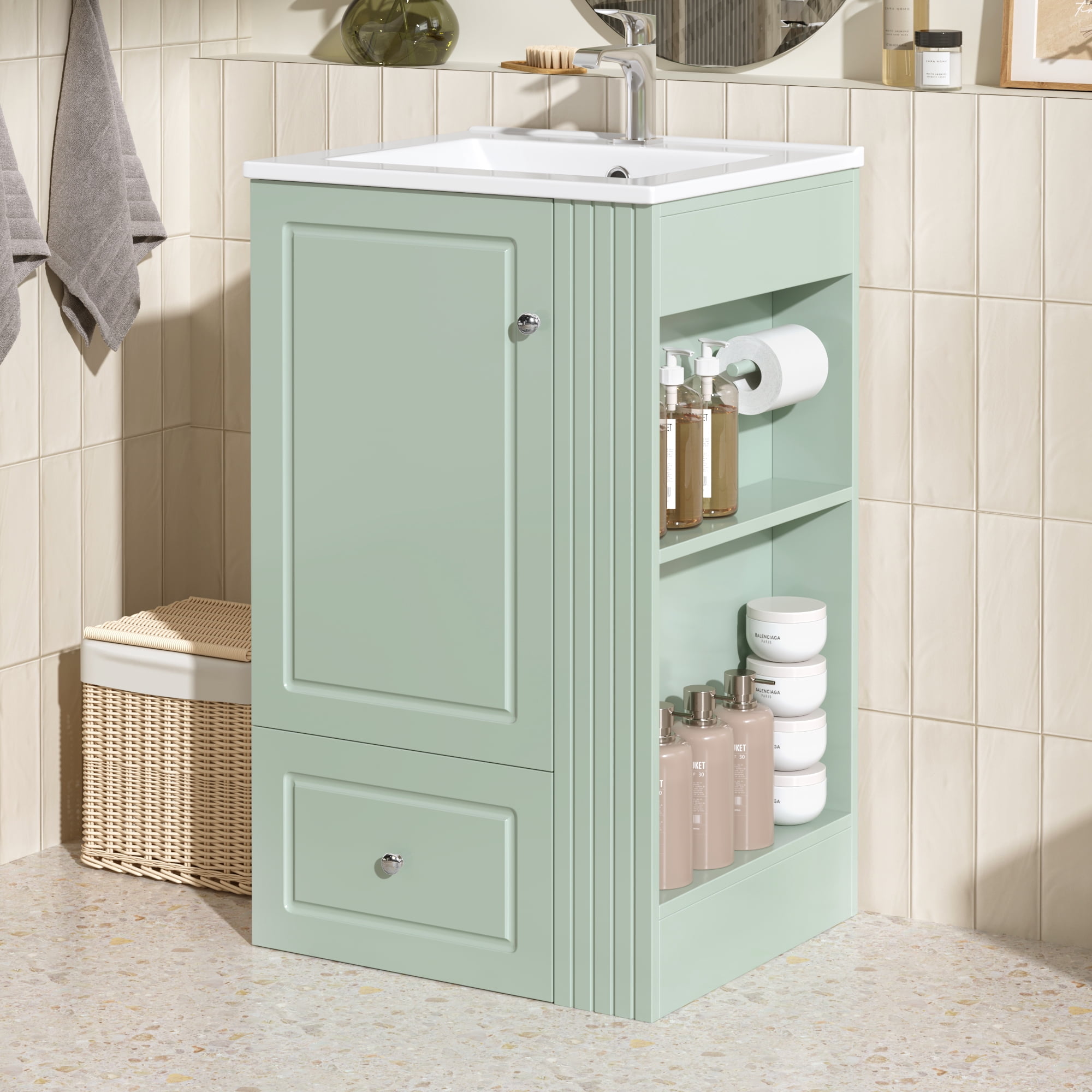 Euroco 20" Freestanding Bathroom Vanity with Ceramic Sink, Single Faucet Hole, MDF Storage Cabinet with Soft-Close Drawer, Open Side Shelves with Pinewood Towel Bar