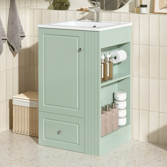 Euroco 20" Freestanding Bathroom Vanity with Ceramic Sink, Single Faucet Hole, MDF Storage Cabinet with Soft-Close Drawer, Open Side Shelves with Pinewood Towel Bar
