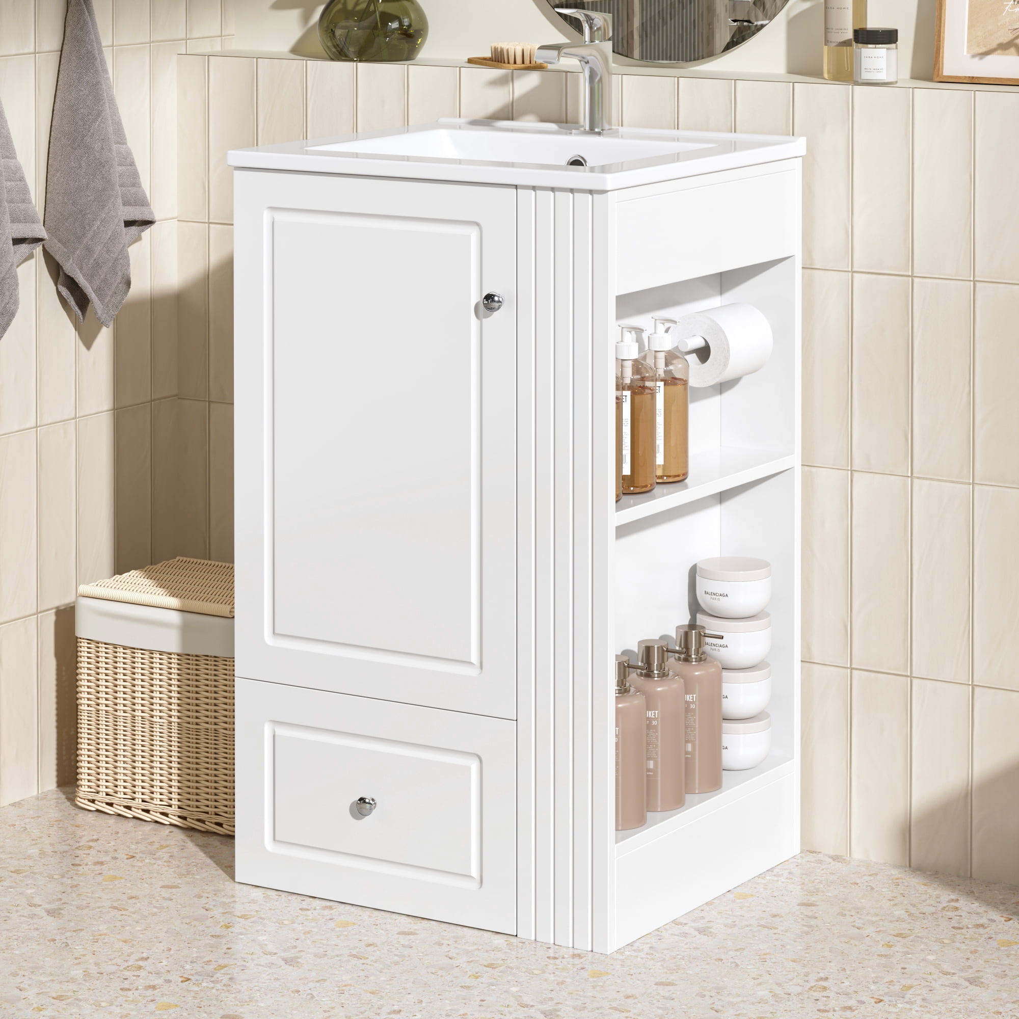Euroco 20" Freestanding Bathroom Vanity with Ceramic Sink, Single Faucet Hole, MDF Storage Cabinet with Soft-Close Drawer, Open Side Shelves with Pinewood Towel Bar