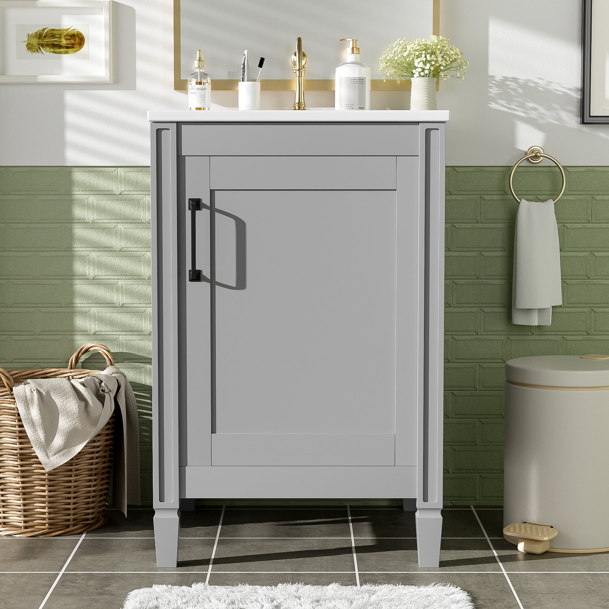 Euroco 20" Gray Bathroom Vanity with Ceramic Sink, Soft Close Door, Adjustable U-Shaped Shelf, Door Storage Rack, Modern Freestanding Cabinet for Small Bathrooms